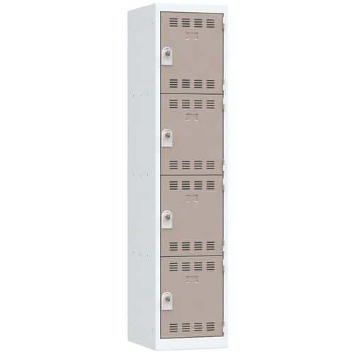 Svařovaná šatní skříň Vinco, 1 sloupec, 4 boxy, 400 mm, otočný uzávěr, šedá/hnědá