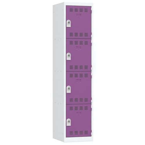 Svařovaná šatní skříň Vinco, 1 sloupec, 4 boxy, 400 mm, otočný uzávěr, šedá/fialová