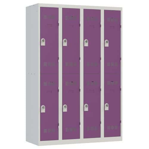 Svařovaná šatní skříň Vinco, 4 sloupce, 8 boxů, 300 mm, otočný uzávěr, šedá/fialová