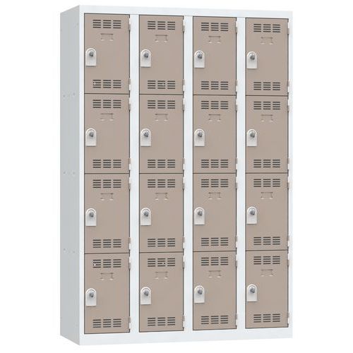 Svařovaná šatní skříň Vinco, 4 sloupce, 16 boxů, 300 mm, otočný uzávěr, šed??/hnědá