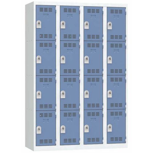 Svařovaná šatní skříň Vinco, 4 sloupce, 16 boxů, 300 mm, otočný uzávěr, šedá/modrá