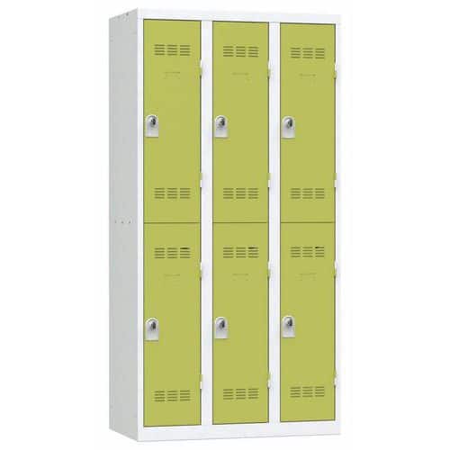 Svařovaná šatní skříň Vinco, 3 sloupce, 6 boxů, 300 mm, otočný uzávěr, šedá/zelená