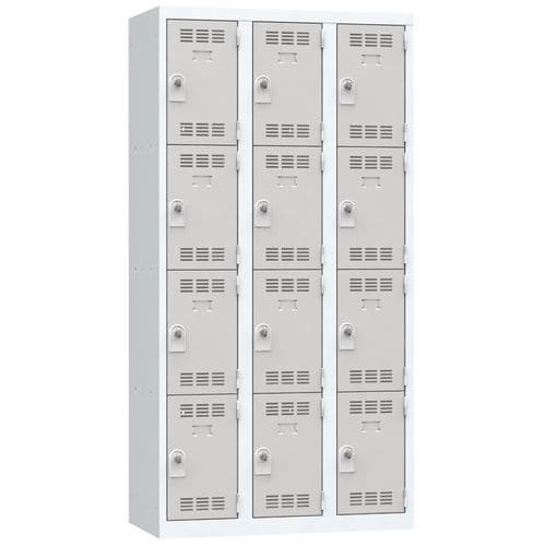 Svařovaná šatní skříň Vinco, 3 sloupce, 12 boxů, 300 mm, otočný uzávěr, šedá/šedá