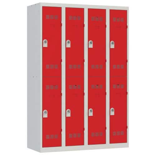 Svařovaná šatní skříň Vinco, 4 sloupce, 8 boxů, 300 mm, otočný uzávěr, šedá/červená