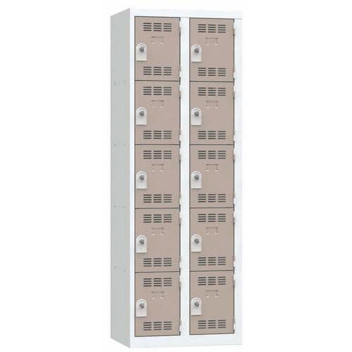 Svařovaná šatní skříň Vinco, 2 sloupce, 10 boxů, 300 mm, otočný uzávěr, šedá/hnědá