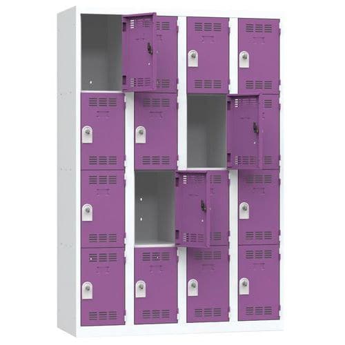 Svařovaná šatní skříň Vinco, 4 sloupce, 16 boxů, 300 mm, otočný uzávěr, šedá/fialová