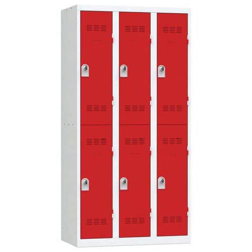 Svařovaná šatní skříň Vinco, 3 sloupce, 6 boxů, 300 mm, otočný uzávěr, šedá/červená