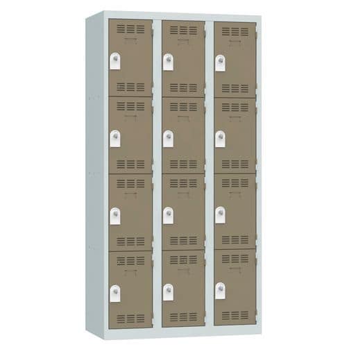 Svařovaná šatní skříň Vinco, 3 sloupce, 12 boxů, 300 mm, otočný uzávěr, šedá/hnědá