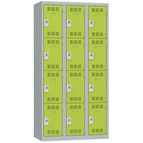 Svařovaná šatní skříň Vinco, 3 sloupce, 12 boxů, 300 mm, otočný uzávěr, šedá/zelená