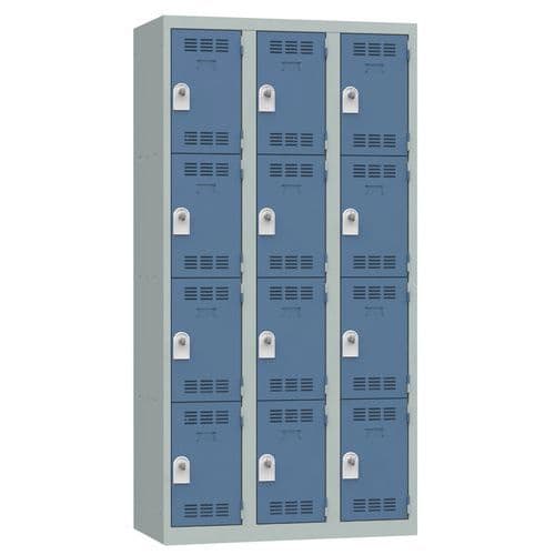 Svařovaná šatní skříň Vinco, 3 sloupce, 12 boxů, 300 mm, otočný uzávěr, šedá/modrá