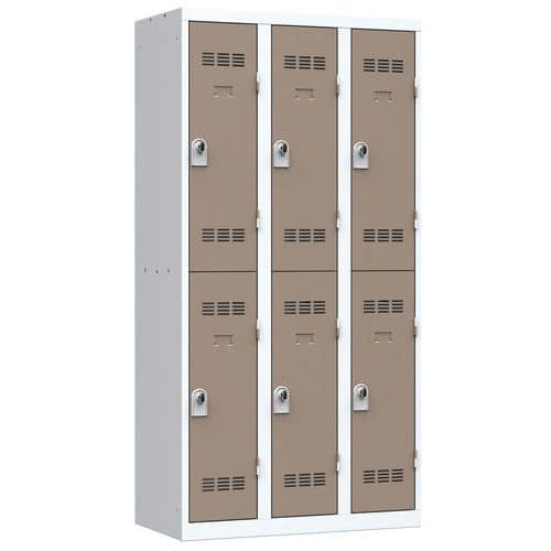 Svařovaná šatní skříň Vinco, 3 sloupce, 6 boxů, 300 mm, otočný uzávěr, šedá/hnědá