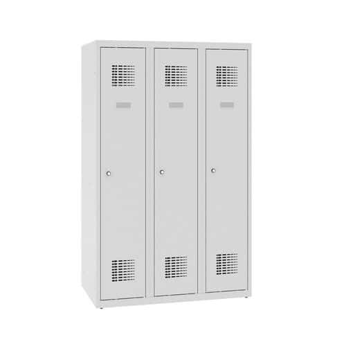 Snížená školní šatní skříň, 3 sloupce, 300 mm, šedá/šedá, tříbodový cylindrický zámek