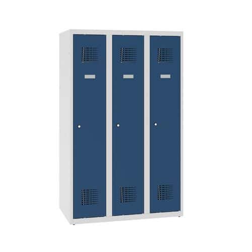 Snížená školní šatní skříň, 3 sloupce, 300 mm, šedá/tmavě modrá, tříbodový cylindrický zámek