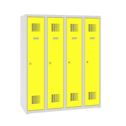 Snížená školní šatní skříň, 4 sloupce, 300 mm, šedá/žlutá, tříbodový cylindrický zámek