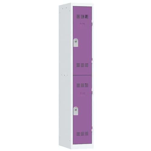 Svařovaná šatní skříň Vinco, 1 sloupec, 2 boxy, 300 mm, cylindrický zámek, šedá/fialová