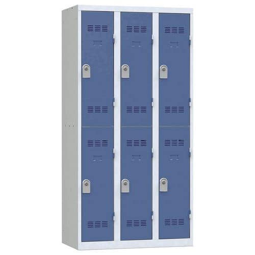 Svařovaná šatní skříň Vinco, 3 sloupce, 6 boxů, 300 mm, cylindrický zámek, šedá/modrá