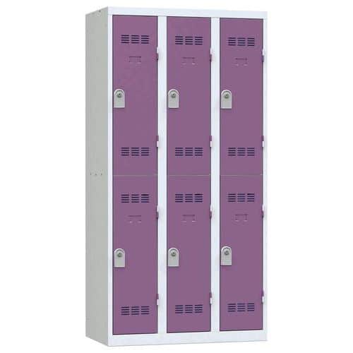 Svařovaná šatní skříň Vinco, 3 sloupce, 6 boxů, 300 mm, cylindrický zámek, šedá/fialová