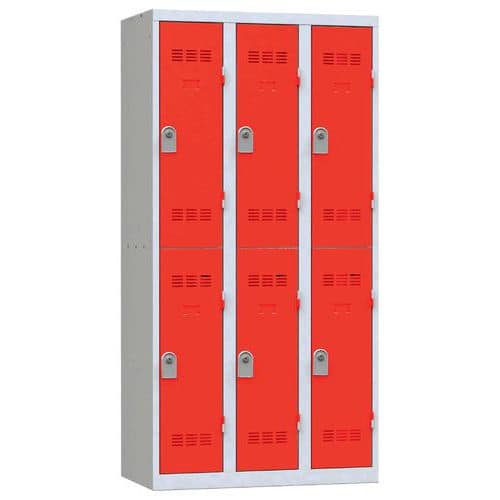 Svařovaná šatní skříň Vinco, 3 sloupce, 6 boxů, 300 mm, cylindrický zámek, šedá/červená