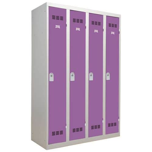 Svařovaná šatní skříň Vinco, 4 oddíly, 300 mm, cylindrický zámek, šedá/fialová