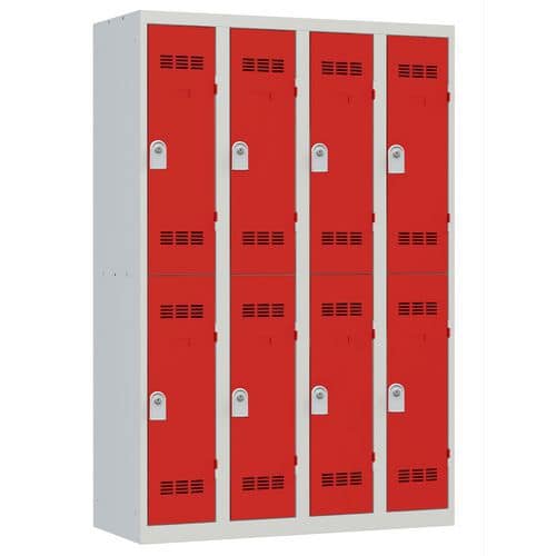 Svařovaná šatní skříň Vinco, 4 sloupce, 8 boxů, 300 mm, cylindrický zámek, šedá/červená