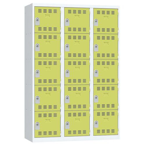 Svařovaná šatní skříň Vinco, 3 sloupce, 15 boxů, 400 mm, cylindrický zámek, šedá/zelená