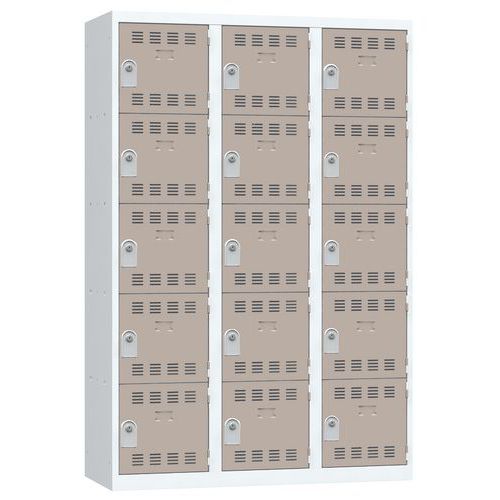 Svařovaná šatní skříň Vinco, 3 sloupce, 15 boxů, 400 mm, cylindrický zámek, šedá/hnědá