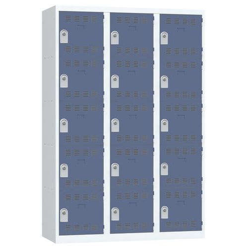 Svařovaná šatní skříň Vinco, 3 sloupce, 15 boxů, 400 mm, cylindrický zámek, šedá/modrá