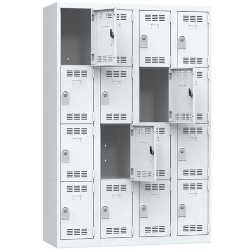 Svařovaná šatní skříň Vinco, 4 sloupce, 16 boxů, 300 mm, cylindrický zámek, šedá/šedá