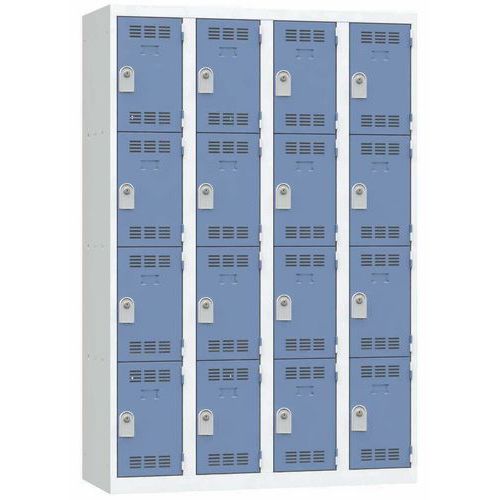 Svařovaná šatní skříň Vinco, 4 sloupce, 16 boxů, 300 mm, cylindrický zámek, šedá/modrá