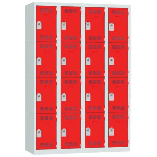 Svařovaná šatní skříň Vinco, 4 sloupce, 16 boxů, 300 mm, cylindrický zámek, šedá/červená