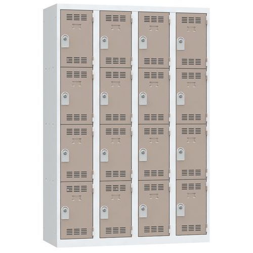 Svařovaná šatní skříň Vinco, 4 sloupce, 16 boxů, 300 mm, cylindrický zámek, šedá/hnědá