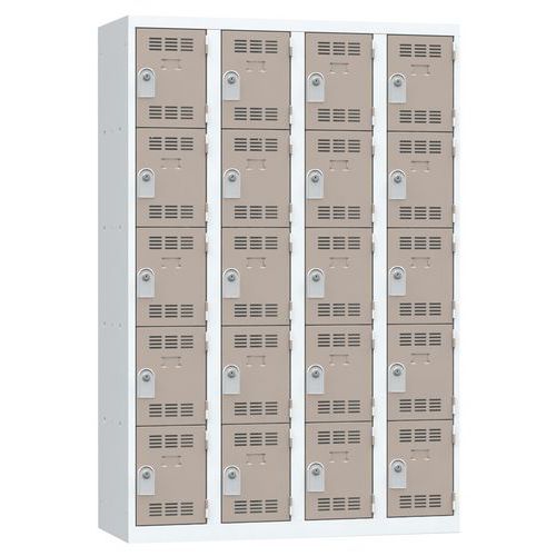 Svařovaná šatní skříň Vinco, 4 sloupce, 20 boxů, 300 mm, cylindrický zámek, šedá/hnědá