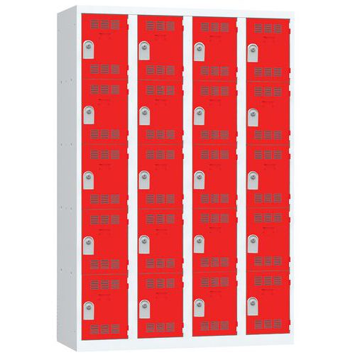 Svařovaná šatní skříň Vinco, 4 sloupce, 20 boxů, 300 mm, cylindrický zámek, šedá/červená