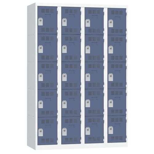 Svařovaná šatní skříň Vinco, 4 sloupce, 20 boxů, 300 mm, cylindrický zámek, šedá/modrá