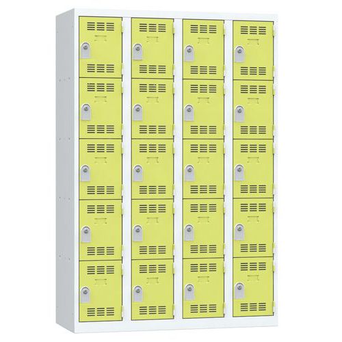 Svařovaná šatní skříň Vinco, 4 sloupce, 20 boxů, 300 mm, cylindrický zámek, šedá/zelená