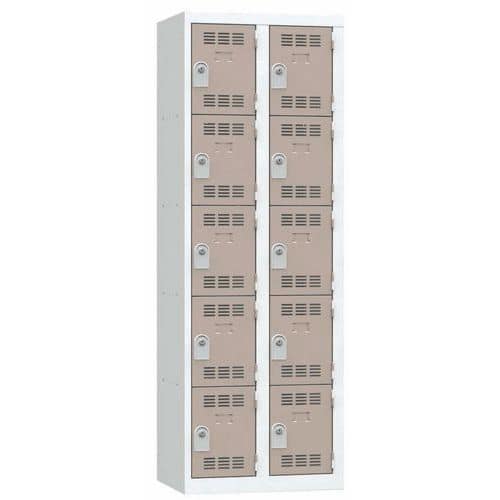 Svařovaná šatní skříň Vinco, 2 sloupce, 10 boxů, 300 mm, cylindrický zámek, šedá/hnědá