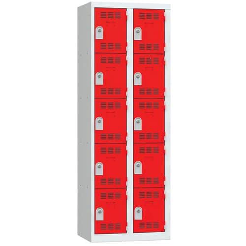 Svařovaná šatní skříň Vinco, 2 sloupce, 10 box??, 300 mm, cylindrický zámek, šedá/červená