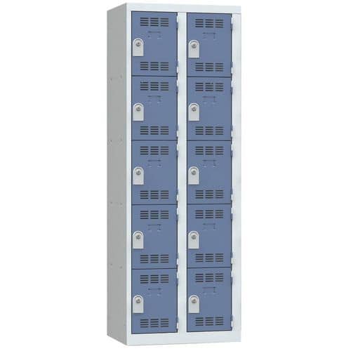 Svařovaná šatní skříň Vinco, 2 sloupce, 10 boxů, 300 mm, cylindrický zámek, šedá/modrá