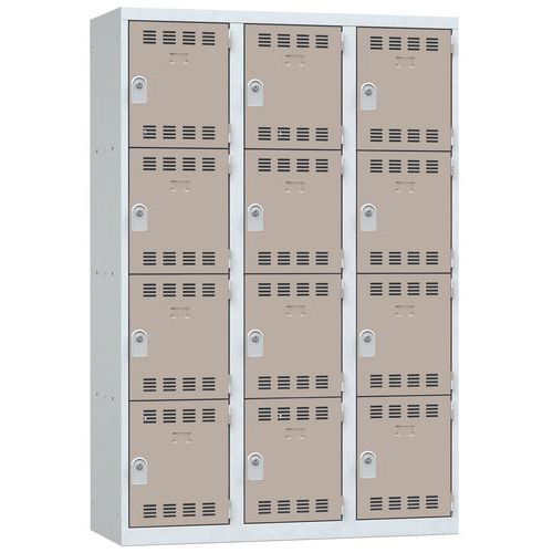 Svařovaná šatní skříň Vinco, 3 sloupce, 12 boxů, 400 mm, cylindrický zámek, šedá/hnědá