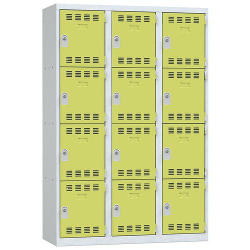 Svařovaná šatní skříň Vinco, 3 sloupce, 12 boxů, 400 mm, cylindrický zámek, šedá/zelená