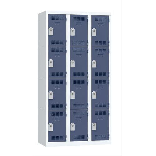 Svařovaná šatní skříň Vinco, 3 sloupce, 12 boxů, 300 mm, cylindrický zámek, šedá/modrá