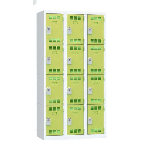 Svařovaná šatní skříň Vinco, 3 sloupce, 12 boxů, 300 mm, cylindrický zámek, šedá/zelená
