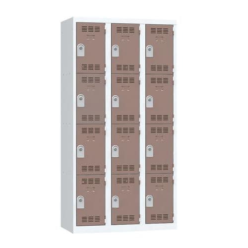Svařovaná šatní skříň Vinco, 3 sloupce, 12 boxů, 300 mm, cylindrický zámek, šedá/hnědá