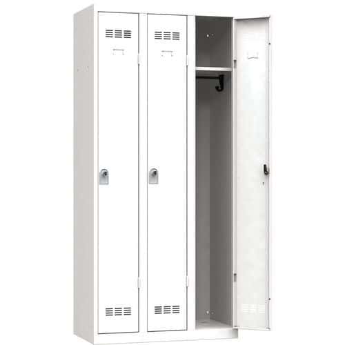 Svařovaná šatní skříň Vinco, 3 oddíly, 300 mm, otočný uzávěr, bílá/bílá/bílá/bílá