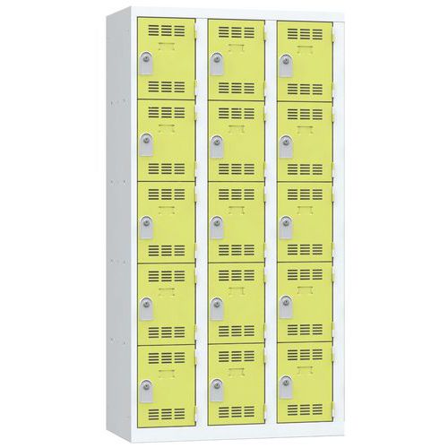 Svařovaná šatní skříň Vinco, 3 sloupce, 15 boxů, 300 mm, cylindrický zámek, šedá/zelená