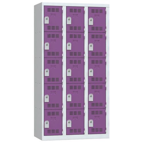 Svařovaná šatní skříň Vinco, 3 sloupce, 15 boxů, 300 mm, cylindrický zámek, šedá/fialová
