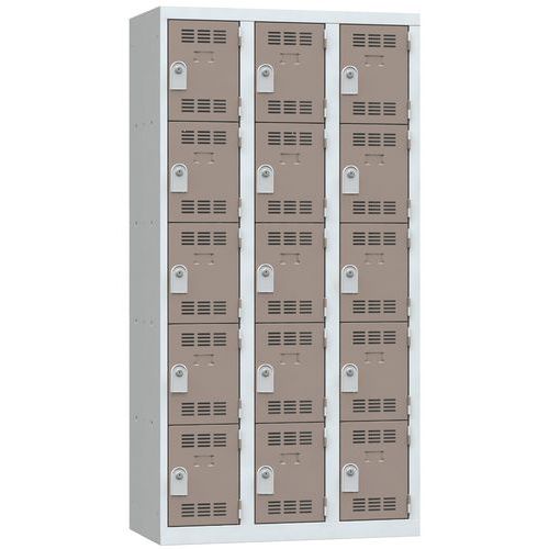 Svařovaná šatní skříň Vinco, 3 sloupce, 15 boxů, 300 mm, cylindrický zámek, šedá/hnědá