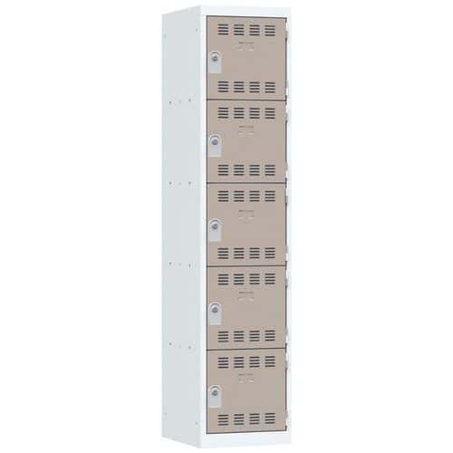 Svařovaná šatní skříň Vinco, 1 sloupec, 5 boxů, 400 mm, cylindrický zámek, šedá/hnědá