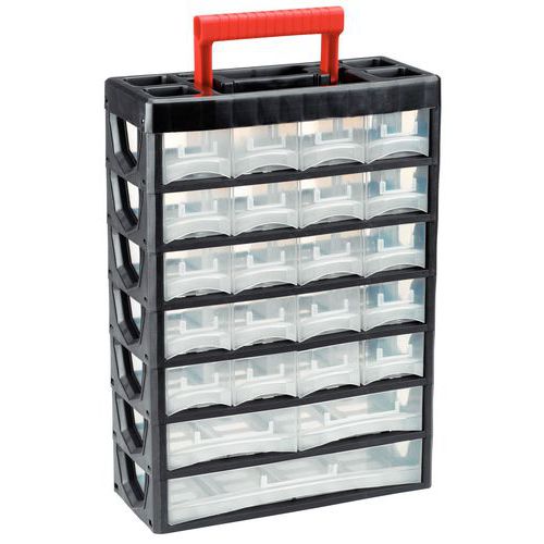 Plastová skříňka 23 zásuvek 43 přihrádek s držákem štítků.