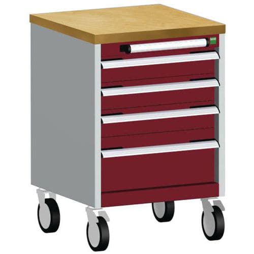 Mobilní zásuvková skříň Bott Cubio, 79 x 52,5 x 52,5 cm, 4 zásuvky, multiplex, šedá-červená